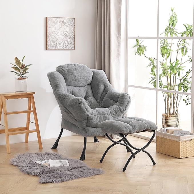 LITA Lazy Chair with Ottoman, Modern Accent Leisure Upholstered Sofa Chair, Contemporary Lounge Reading Chair with Armrests and a Side Pocket for Living Room, Bedroom & Small Space, Plush Grey - LeafyLoom