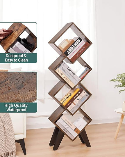 Yoobure Small Bookshelf, Tall 4-Tier Book Shelf, Wood Bookcase Book Organizer, Industrial Bookshelves Floor Standing for CDs/Books in Small Spaces, Bedroom, Living Room, Home Office - LeafyLoom