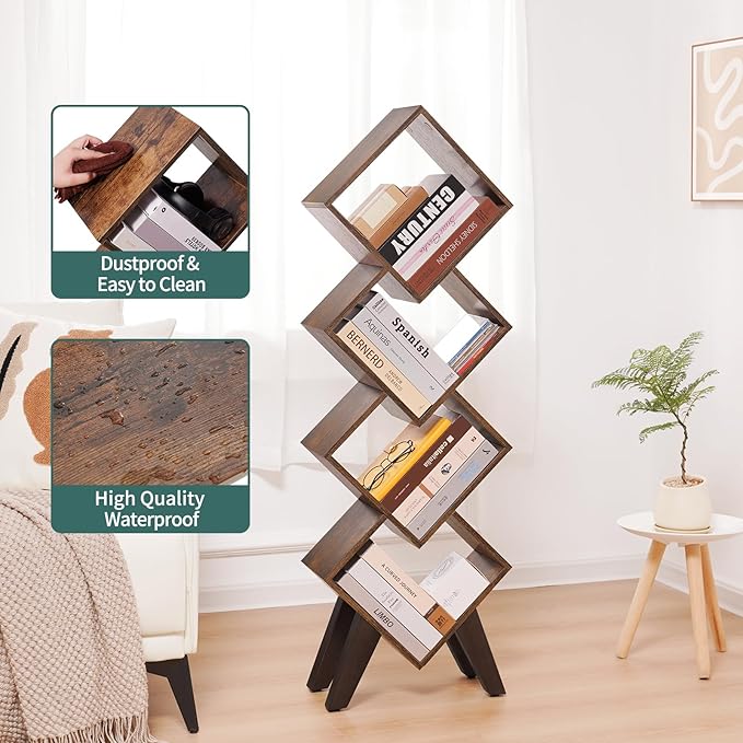 Yoobure Small Bookshelf, Tall 4-Tier Book Shelf, Wood Bookcase Book Organizer, Industrial Bookshelves Floor Standing for CDs/Books in Small Spaces, Bedroom, Living Room, Home Office - LeafyLoom