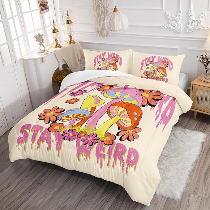 Axolotl Cartoon Mushroom Comforter Set Queen,Colorful Mushrooms Bedding Girls Bedding Set,Floral Comforter Set Red Pink Flower,Cute Mushroom Bedding Set For Kids Boys Girls Teens,1 Quilt 2 Pillowcases - LeafyLoom