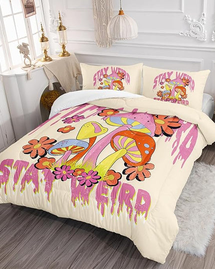 Axolotl Cartoon Mushroom Comforter Set Twin,Colorful Mushrooms Bedding Girls Bedding Set,Floral Comforter Set Red Pink Flower,Cute Mushroom Bedding Set for Kids Boys Girls Teens,1 Quilt 2 Pillowcases - LeafyLoom