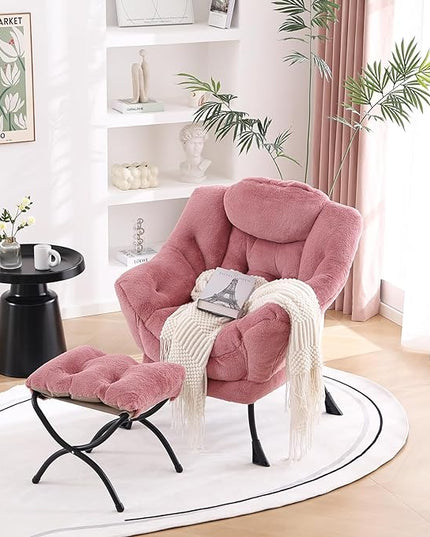 Welnow Lazy Chair with Ottoman, Modern Lounge Accent Chair with Armrests and a Side Pocket, Leisure Sofa Chair Set, Reading Chair with Footrest for Small Space, Corner Chair, Plush Dark Pink - LeafyLoom