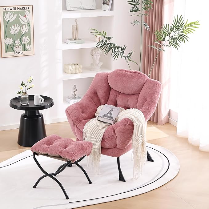 Welnow Lazy Chair with Ottoman, Modern Lounge Accent Chair with Armrests and a Side Pocket, Leisure Sofa Chair Set, Reading Chair with Footrest for Small Space, Corner Chair, Plush Dark Pink - LeafyLoom