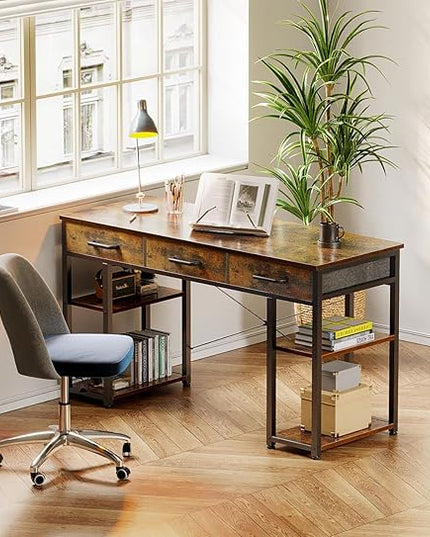 ODK Office Small Computer Desk: Home Table with Fabric Drawers & Storage Shelves, Modern Writing Desk, Vintage, 48"x16" - LeafyLoom