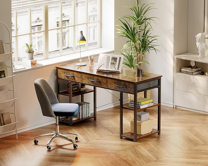 ODK Office Small Computer Desk: Home Table with Fabric Drawers & Storage Shelves, Modern Writing Desk, Vintage, 48"x16" - LeafyLoom