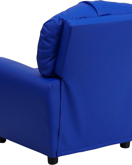 Flash Furniture Chandler Vinyl Kids Recliner with Cup Holder and Safety Recline, Contemporary Reclining Chair for Kids, Supports up to 90 lbs., Blue - LeafyLoom