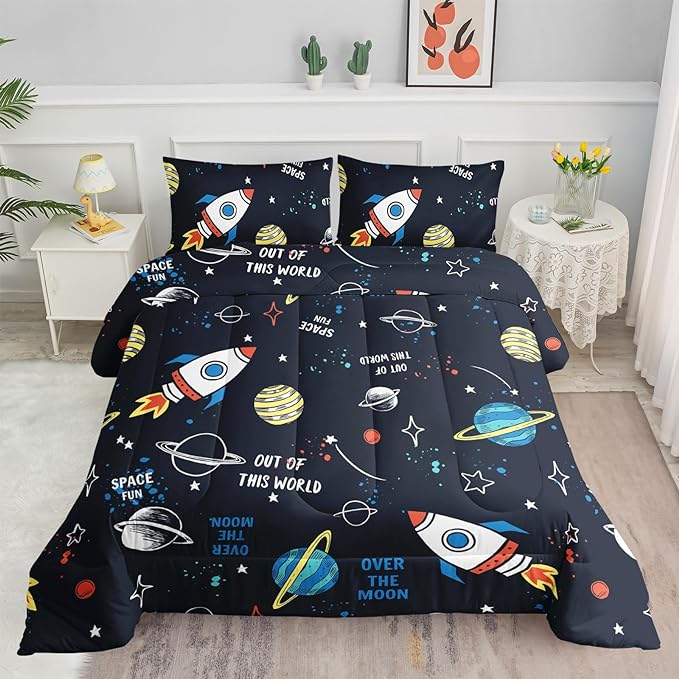 Datura home Space Ship Galaxy Comforter Set Astronaut Rocket Printed Quilt Bedding with 1 and 2 Pillowcases for Boys Girls Bedroom All Season(Space Full), A-space, Full 80x90inches - LeafyLoom