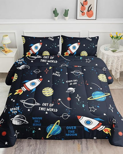 Datura home Space Ship Galaxy Comforter Set Astronaut Space Rocket Printed Quilt Bedding Set with 1 Comforter and 2 Pillowcases for Boys and Girls Bedroom All Season(Space Twin) - LeafyLoom