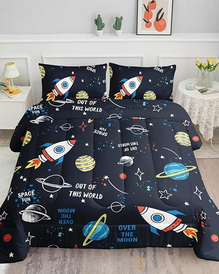 Datura home Space Ship Galaxy Comforter Set Astronaut Rocket Printed Quilt Bedding with 1 and 2 Pillowcases for Boys Girls Bedroom All Season(Space Queen), A-space, Queen 90x90inches - LeafyLoom