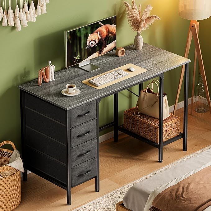 47 Inch Computer Desk with 4 Drawers, Office Desk with Mesh Shelf, Gaming Desk, Large Storage, Writing Desk Work Desk for Home Office, Study, Bedroom, Work from Home, Grey - LeafyLoom