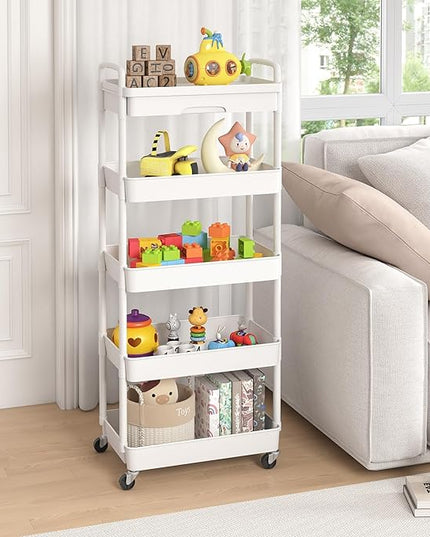 5-Tier Rolling Utility Cart，Trolley with Drawer, Multifunctional Storage Organizer with Plastic Shelf & Metal Wheels, Storage Cart for Living Room, Kitchen, Office, Bathroom, White - LeafyLoom