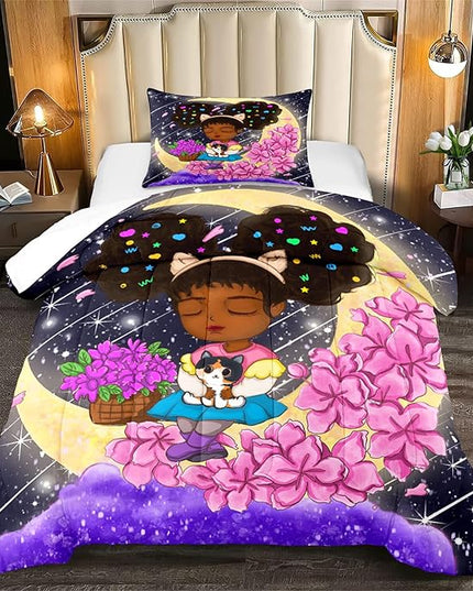 Black Girls Twin Comforter Set for Girls Teens Adults Twin Size Comforter Sets African Girl Comforter Set Cute Afro Princess Bedding Set Girls Bedroom Set, 1 Comforter + 1 Pillowcase - LeafyLoom