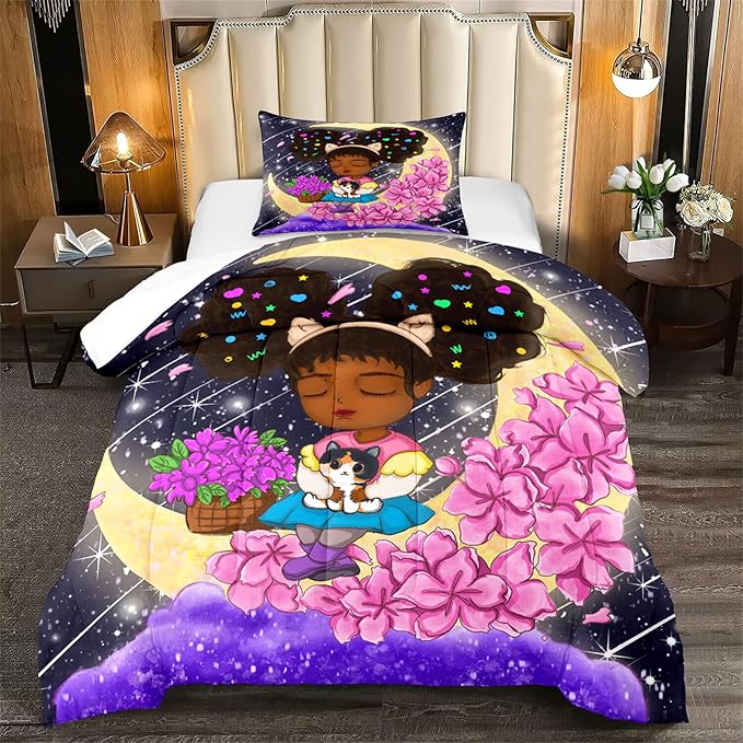 Black Girls Twin Comforter Set for Girls Teens Adults Twin Size Comforter Sets African Girl Comforter Set Cute Afro Princess Bedding Set Girls Bedroom Set, 1 Comforter + 1 Pillowcase - LeafyLoom