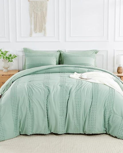 ENJOHOS Queen Comforter Set 7 Piece - Sage Green Comforters Queen Size, Queen Bed in a Bag Set, Boho Tufted Bedding Comforter Set with Pom Pom Design, Lightweight Soft Microfiber Comforter Bed Set - LeafyLoom