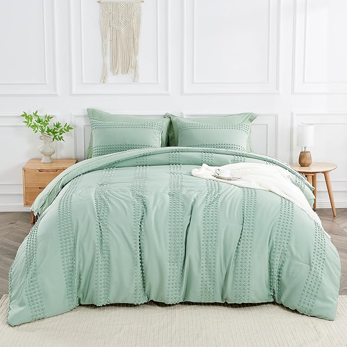 ENJOHOS Queen Comforter Set 7 Piece - Sage Green Comforters Queen Size, Queen Bed in a Bag Set, Boho Tufted Bedding Comforter Set with Pom Pom Design, Lightweight Soft Microfiber Comforter Bed Set - LeafyLoom