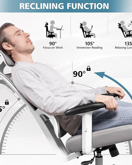 Primy Office Chair Ergonomic Desk Chair, High Back Computer Gaming Chair, Comfy Big and Tall Home Office Chair with Lumbar Support, Breathable Mesh Reclining Chair Adjustable Armrests Headrest(Gray) - LeafyLoom