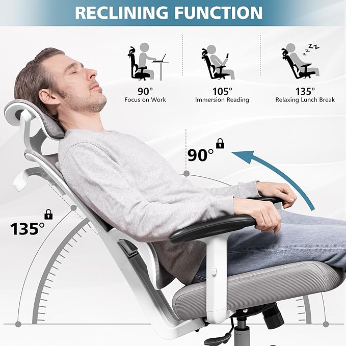 Primy Office Chair Ergonomic Desk Chair, High Back Computer Gaming Chair, Comfy Big and Tall Home Office Chair with Lumbar Support, Breathable Mesh Reclining Chair Adjustable Armrests Headrest(Gray) - LeafyLoom