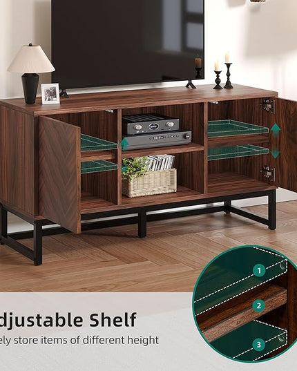 YITAHOME TV Cabinet for 55 Inch TV, Mid Century Modern TV Stand with Storage Cabinet & Adjustable Shelf, Entertainment Cabinet Media TV Console with Natural Oak Finish for Living Room, Walnut - LeafyLoom