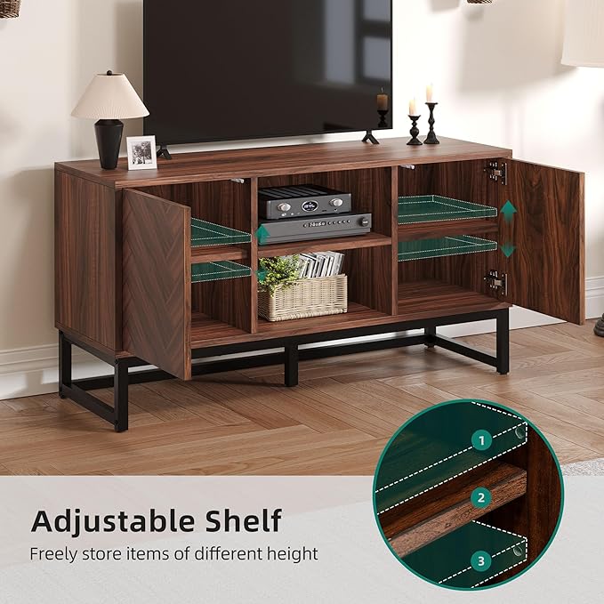 YITAHOME TV Cabinet for 55 Inch TV, Mid Century Modern TV Stand with Storage Cabinet & Adjustable Shelf, Entertainment Cabinet Media TV Console with Natural Oak Finish for Living Room, Walnut - LeafyLoom