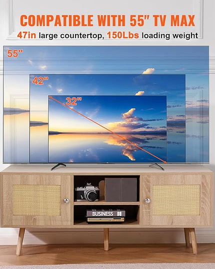 VEVOR Rattan TV Stand, Boho TV Cabinet for 55 inch TV, Mid Century Modern TV Stand, Rattan TV Console with Adjustable Shelfs for Living Room, Media Room, Oak - LeafyLoom