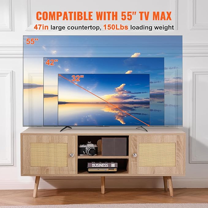 VEVOR Rattan TV Stand, Boho TV Cabinet for 55 inch TV, Mid Century Modern TV Stand, Rattan TV Console with Adjustable Shelfs for Living Room, Media Room, Oak - LeafyLoom