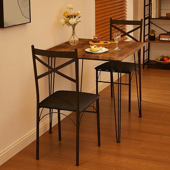 VECELO Kitchen Dining Room Table 2 Chairs for Small Space, Apartment,Metal Steel Frame, 3-Piece Set, Brown - LeafyLoom