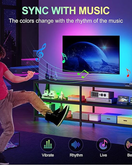 Lvifur LED TV Stand for 65 70 75 inch TV, Auto Sensor Entertainment Center with RGB Dimmable Lights, TV Console Table with Open Storage Shelves and Metal Frame (Black) - LeafyLoom