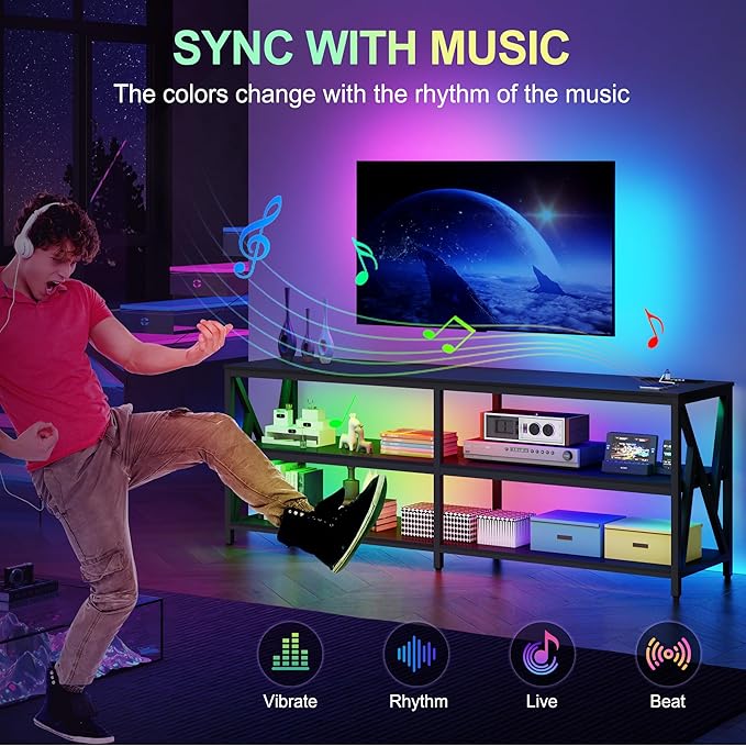 Lvifur LED TV Stand for 65 70 75 inch TV, Auto Sensor Entertainment Center with RGB Dimmable Lights, TV Console Table with Open Storage Shelves and Metal Frame (Black) - LeafyLoom