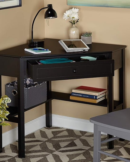 Target Marketing Systems Wood Corner Desk with One Drawer and One Storage Shelf, Black - LeafyLoom