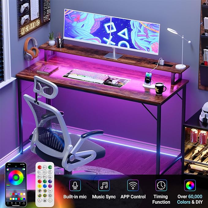 47 inch Computer Desk with Power Outlets, Gaming desk with LED Lights, Home Office Work Desk with Monitor Shelf, Modern Office Desk Study Writing Table for Small Spaces, Rustic Brown - LeafyLoom