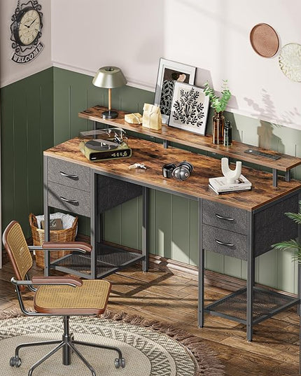55 inch Computer Desk with 4 Drawers, Gaming Desk with LED Lights & Power Outlets, Home Office Desk with Large Storage Space for Bedroom, Work from Home, Rustic Brown - LeafyLoom