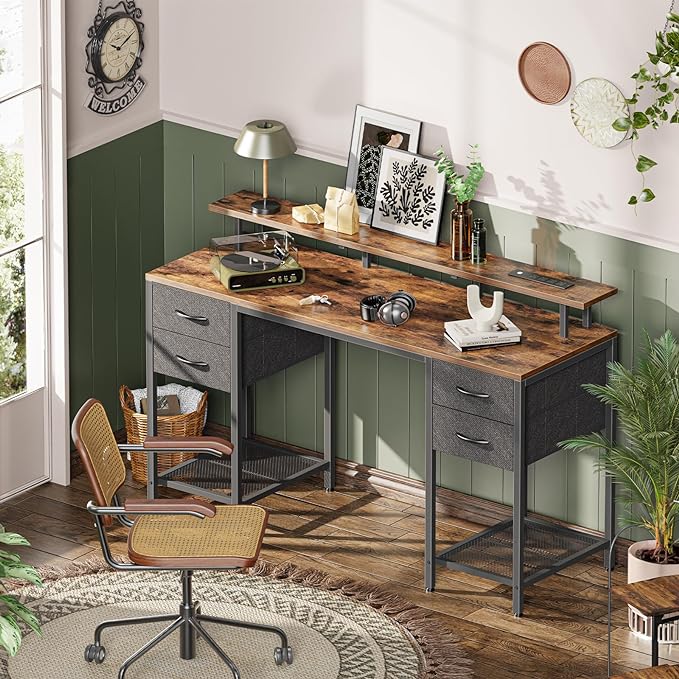 55 inch Computer Desk with 4 Drawers, Gaming Desk with LED Lights & Power Outlets, Home Office Desk with Large Storage Space for Bedroom, Work from Home, Rustic Brown - LeafyLoom