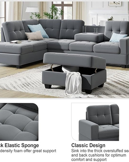 112" Modern L-Shape Sectional Sofa with Reversible Chaise &Storage Ottoman, Velvet Upholstered Couch w/Cup Holder, for Living Room, Apartment, 104 Inch, Dark Gray - LeafyLoom