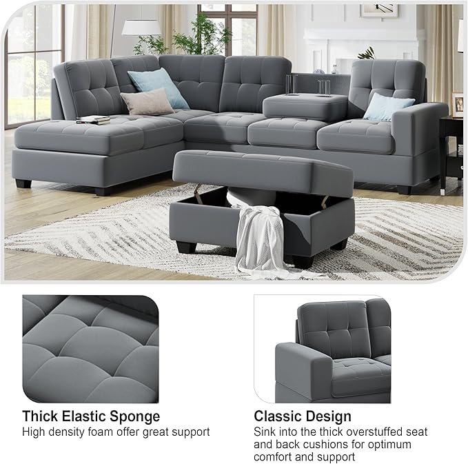 112" Modern L-Shape Sectional Sofa with Reversible Chaise &Storage Ottoman, Velvet Upholstered Couch w/Cup Holder, for Living Room, Apartment, 104 Inch, Dark Gray - LeafyLoom