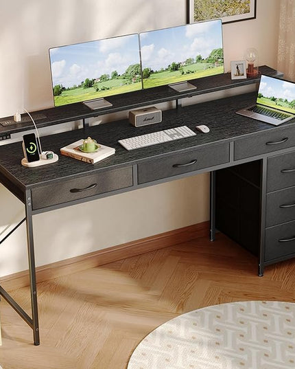 Gaming Desk with 6 Drawers, Computer Desk with LED Lights Power Outlets and Type-C, 54 Inch Office Desk with Storage, Monitor Stand, Writing Desk Work Desk Home Office, Bedroom, Study, Black - LeafyLoom