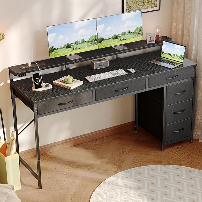 Gaming Desk with 6 Drawers, Computer Desk with LED Lights Power Outlets and Type-C, 54 Inch Office Desk with Storage, Monitor Stand, Writing Desk Work Desk Home Office, Bedroom, Study, Black - LeafyLoom