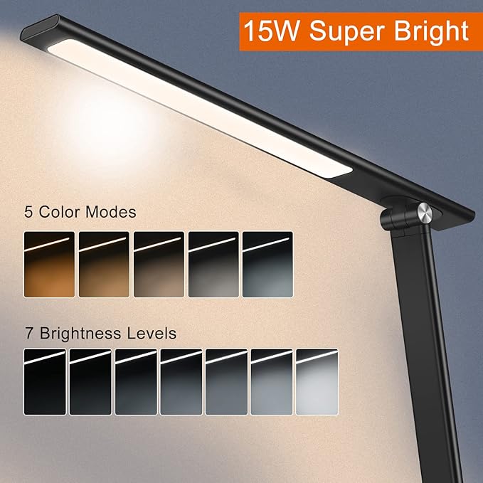AFROG 5th Gen Multifunctional LED Desk Lamp with 10W Fast Wireless Charger, USB Charging Port,1800Lux Super Bright,5 Lighting Mode,7 Brightness, Touch Control, Auto Timer, 15W Office Table Lamp - LeafyLoom