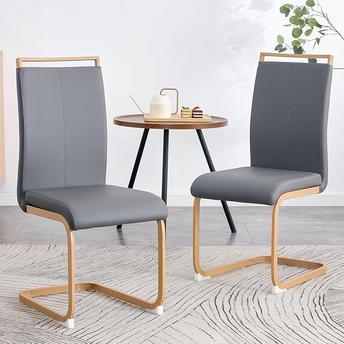 Dining Chairs Set of 6,High Back Grey Kitchen Chairs,Faux Leather Side Chair with Woodgrain Coloured Metal Legs,Easy to Clean Modern Upholstered Dining Chairs,Ideal for Living Room - LeafyLoom
