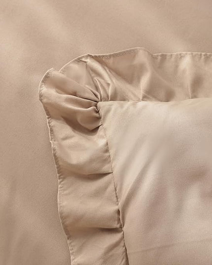 JANZAA Queen Ruffled Comforter Set 3PCS (1 Taupe Comforter Set and 2 Pillowcases) Vintage Farmhouse Shabby Chic Bedding Soft Fluffy Comforter Set All Season - LeafyLoom