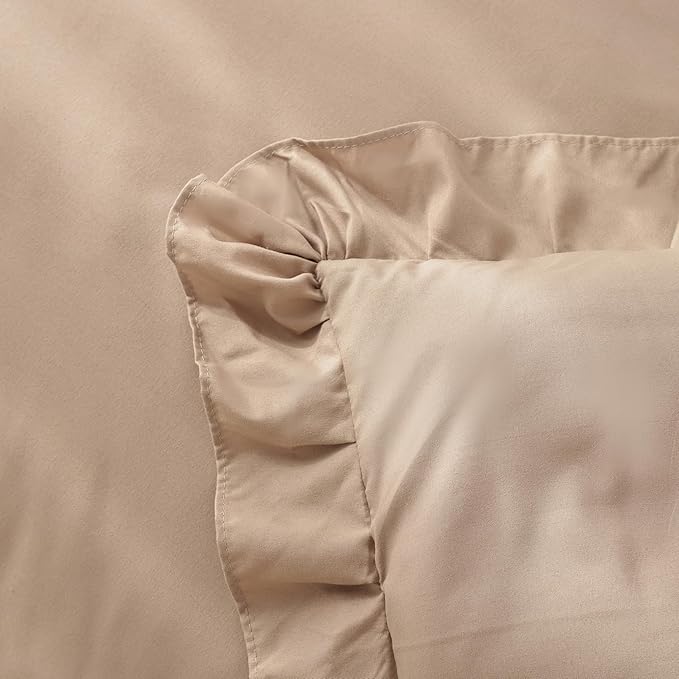 JANZAA Queen Ruffled Comforter Set 3PCS (1 Taupe Comforter Set and 2 Pillowcases) Vintage Farmhouse Shabby Chic Bedding Soft Fluffy Comforter Set All Season - LeafyLoom