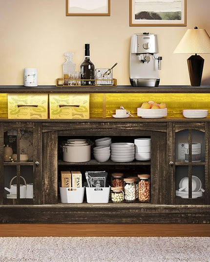 YITAHOME Coffee Bar Cabinet, 58 Inch Farmhouse Buffet Cabinet with Power Outlets and LED Lights, Sideboard Storage Cabinets w/Adjustable Shelves & Glass Doors for Kitchen, Living Room, Dark Rustic Oak - LeafyLoom