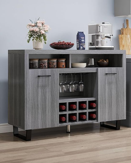 DWVO Coffee Bar Cabinet, 47" Modern Sideboard Buffet Cabinet with Storage, Wine Bar Cabinets with Wine and Glass Rack, Console Table for Kitchen & Living Room, Grey Oak - LeafyLoom