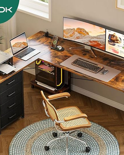 AODK L Shaped Desk with 4 Tier Drawers, 61" Reversible Gaming Desk with Power Outlets, L Shaped Computer Desk with USB Charging Port and Host Stand, Home Office Corner Desk, Easy to Assemble, Vintage - LeafyLoom