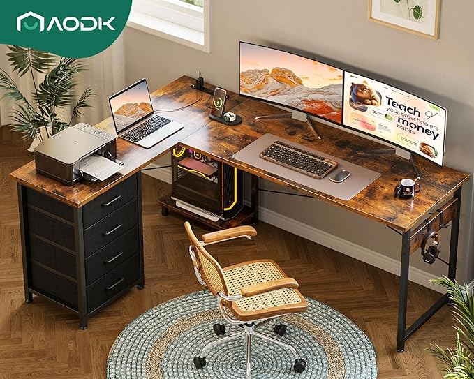 AODK L Shaped Desk with 4 Tier Drawers, 61" Reversible Gaming Desk with Power Outlets, L Shaped Computer Desk with USB Charging Port and Host Stand, Home Office Corner Desk, Easy to Assemble, Vintage - LeafyLoom