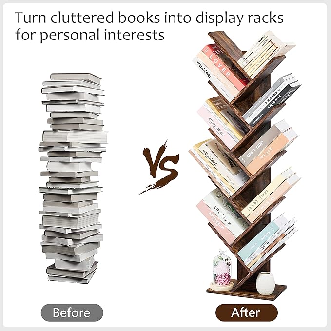 Hoctieon 10 Tier Tree Bookshelf, 10 Shelf Bookcase, Free Standing Tree Bookcase, Display Floor Standing Shelf for Books, Book Shelf Organizer, Rustic Brown - LeafyLoom