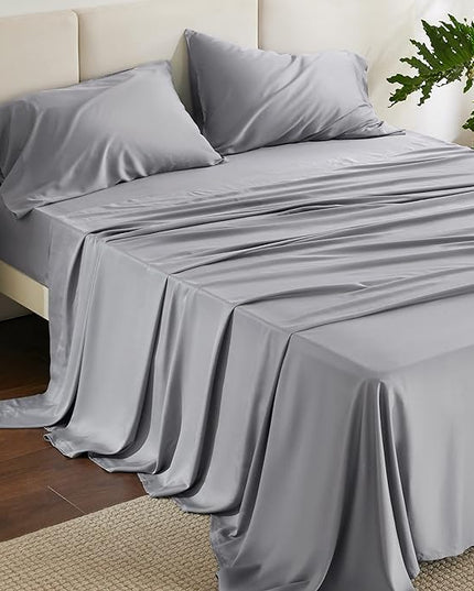 Bedsure King Size Sheet Set, Cooling Sheets King, Rayon Derived from Bamboo, Deep Pocket Up to 16", Breathable & Soft Bed Sheets, Hotel Luxury Silky Bedding Sheets & Pillowcases, Silver Grey - LeafyLoom