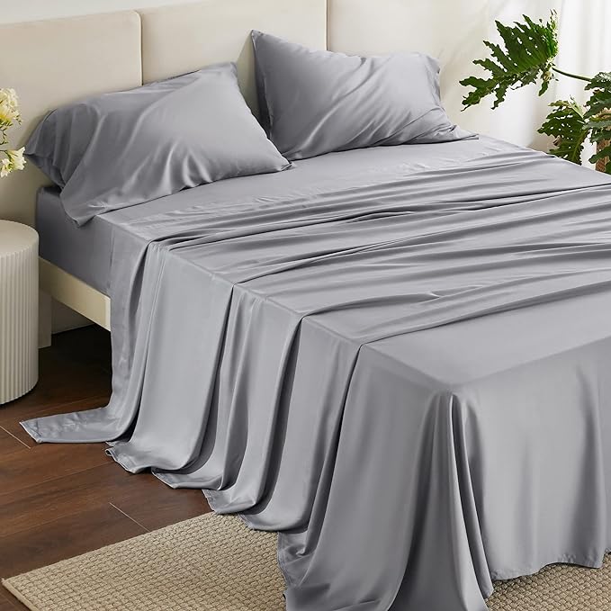 Bedsure King Size Sheet Set, Cooling Sheets King, Rayon Derived from Bamboo, Deep Pocket Up to 16", Breathable & Soft Bed Sheets, Hotel Luxury Silky Bedding Sheets & Pillowcases, Silver Grey - LeafyLoom