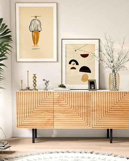 roomfitters Mid Century Modern TV Stand for TVs up to 65", Boho Sideboard Buffet Cabinet Credenza, Media Console Entertainment Center for Living Room, Poplar Wood Print Carved and Geometric Design - LeafyLoom