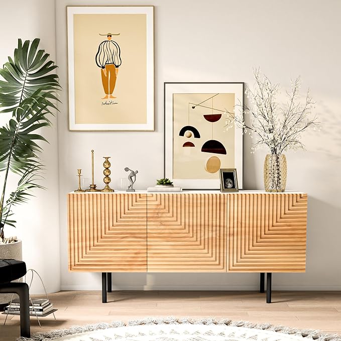 roomfitters Mid Century Modern TV Stand for TVs up to 65", Boho Sideboard Buffet Cabinet Credenza, Media Console Entertainment Center for Living Room, Poplar Wood Print Carved and Geometric Design - LeafyLoom