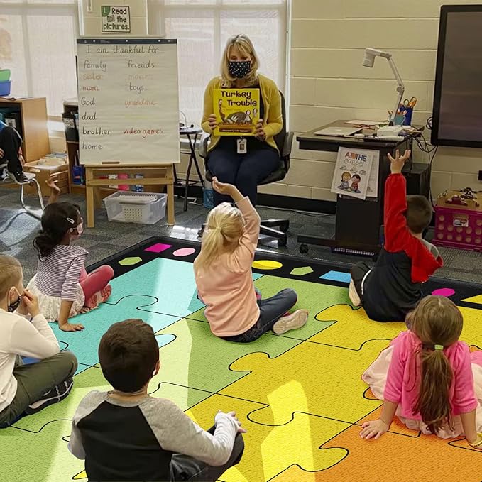 Booooom Jackson Large Classroom Rug Colorful Puzzle Classroom Carpet 7'5"x13'Area Rug with Non-Slip Backing School Classroom Seating Carpet Elementary(PzLaB-4023) - LeafyLoom
